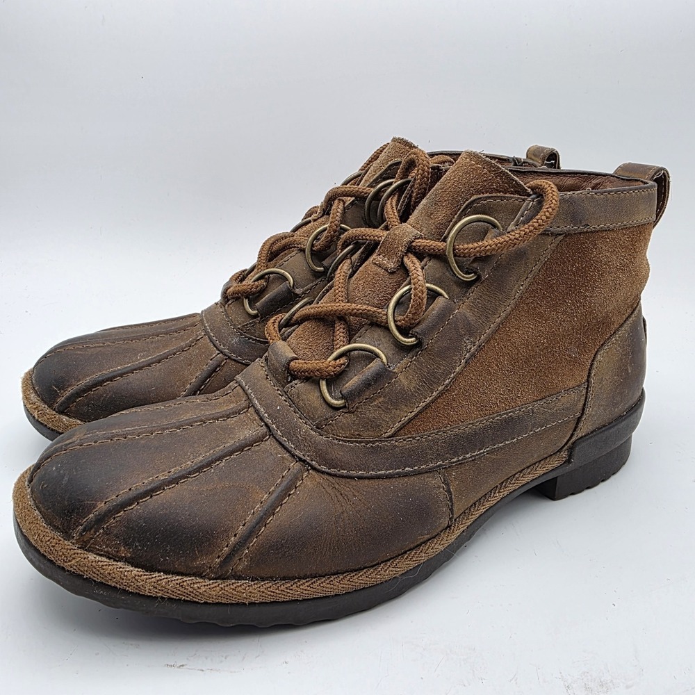 UGG Heather Womens 7 Duck Rain Ankle Boot Coconut Shell Brown Leather Lace Up